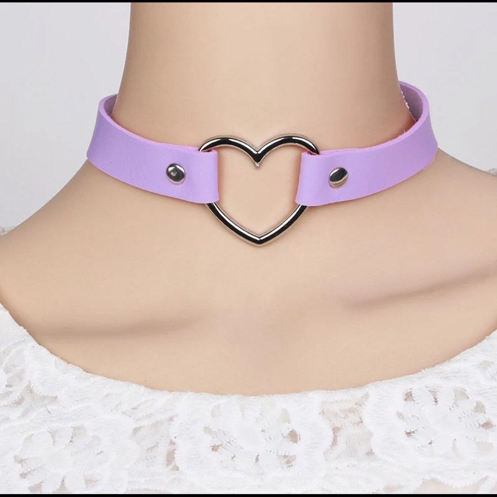 Leather Heart  Choker- lavender color